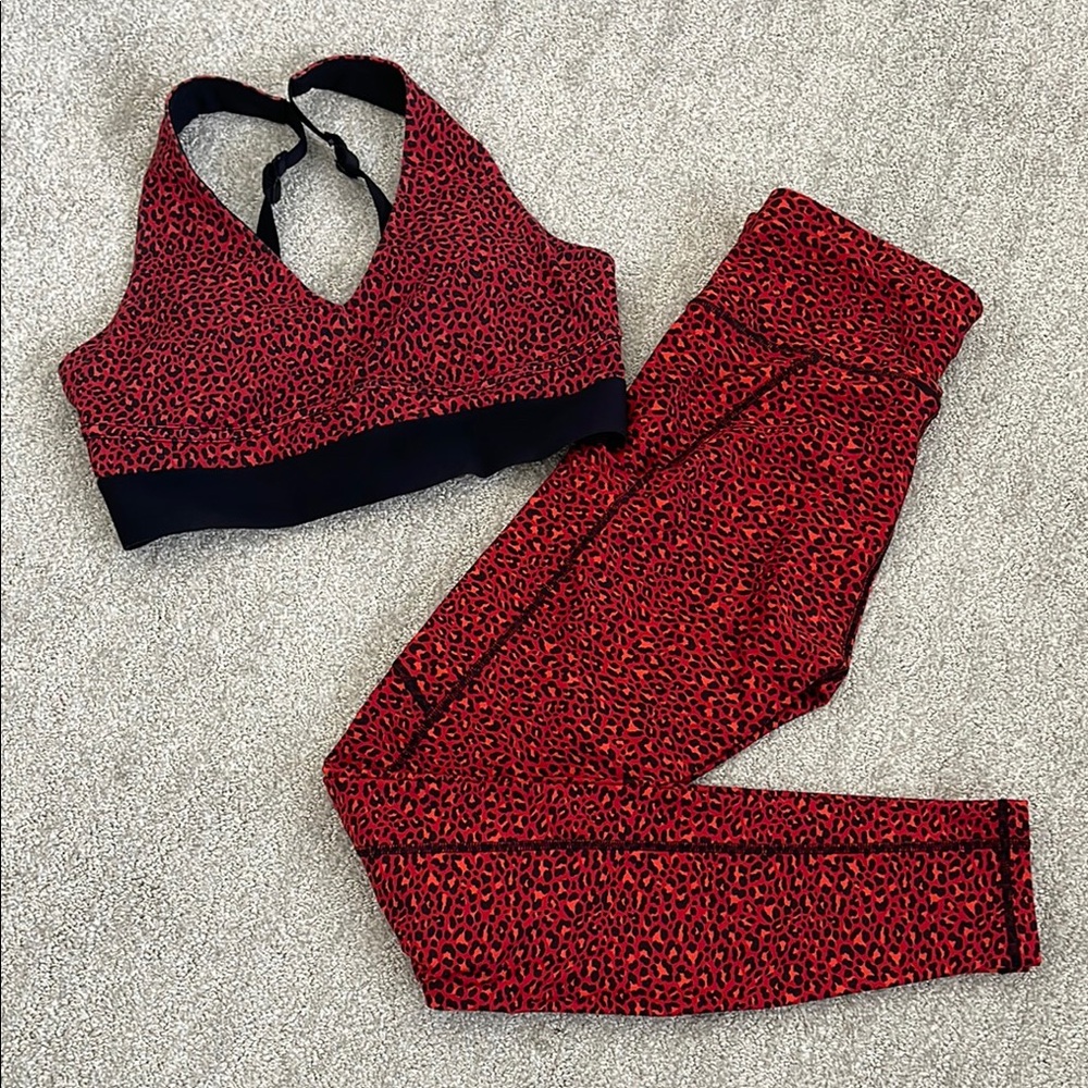 Fabletics Electric Red and Black Leopard Print Women's Workout Set